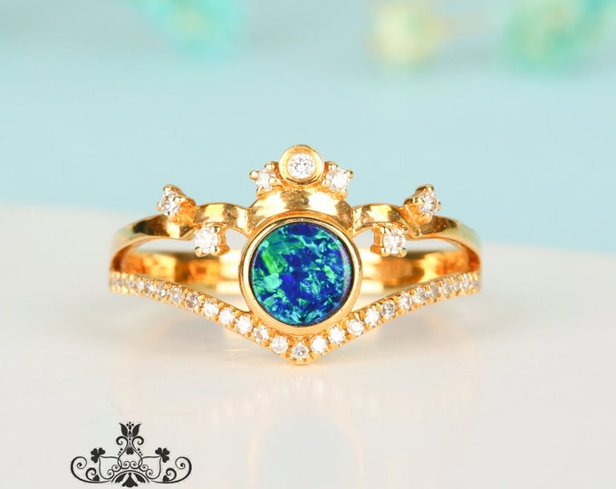 0.6 CT Natural Australian Black Blue Opal Engagementl Ring in Solid 18k/14k Gold/Full Eternity/Boulder Opal Engagement Wedding Band/Raw