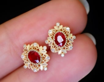 Handmade 18k Gold Ruby Earrings with Diamond Accents
