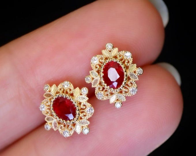 Quality ruby earrings in 18k gold with diamond accents/genuine ruby studs/Handmade ruby earrings/Unique vintage ruby studs gift for her