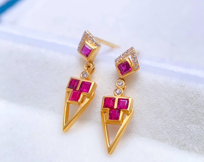 18k Rose Gold Natural Pinkish Red Ruby with Diamond Earring/Art deco dainty vintage ruby jewelry gift