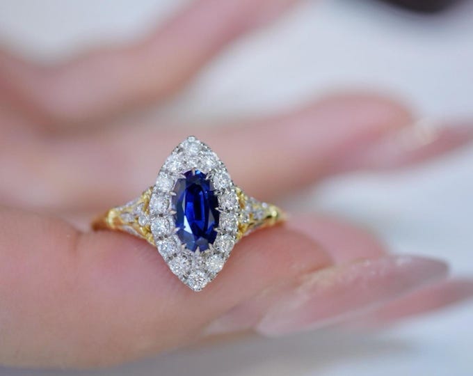 Marquise Natural Cornflower Blue Sapphire Ring/18K Gold Sapphire  Ring/Unique Sapphire Ring Diamond Halo/Real Natural Sapphire Ring Women