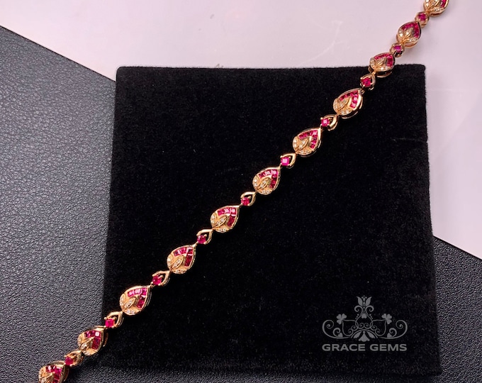 Genuine Pigeon Blood Red Ruby Bracelet in 18K Rose Gold with diamonds/Unique One of a kind bracelet/Anniversary Birthday Gift for her/Mother