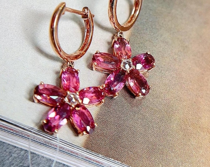 18k rose gold natural pink pear tourmaline earrings with white sapphires as the flower center -handmade jewelry/bridal accessory/Birthday