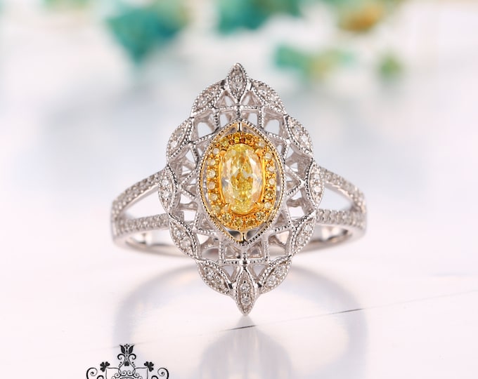 Custom Marquise Shape Natural Yellow Diamond Engagement Wedding Ring in 18k white Gold/Eternity Forever one/One of a kind Promise/Art Deco