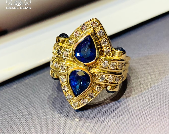 18k/14k gold multi-stone natural untreated sapphire engagement ring with diamonds/Blue gemstone/Vintage Antique/Art Deco/Boho Celtic Unique