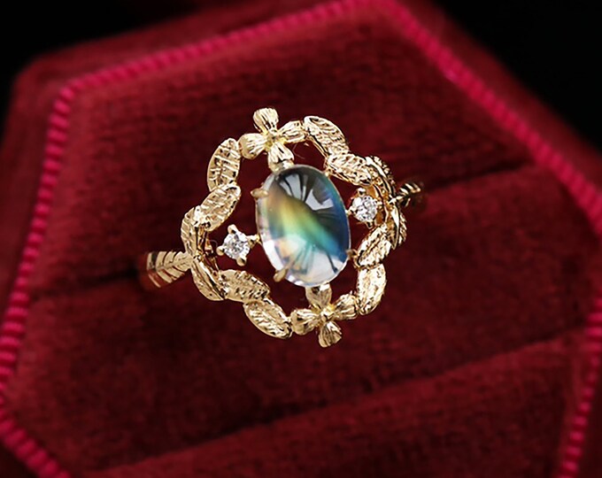 18k Yellow Gold  Moonstone Engagement Ring/Eternity halo diamond band/6X8mm Color changing Wedding ring/Unique Viking Ring/Handmade Art Deco