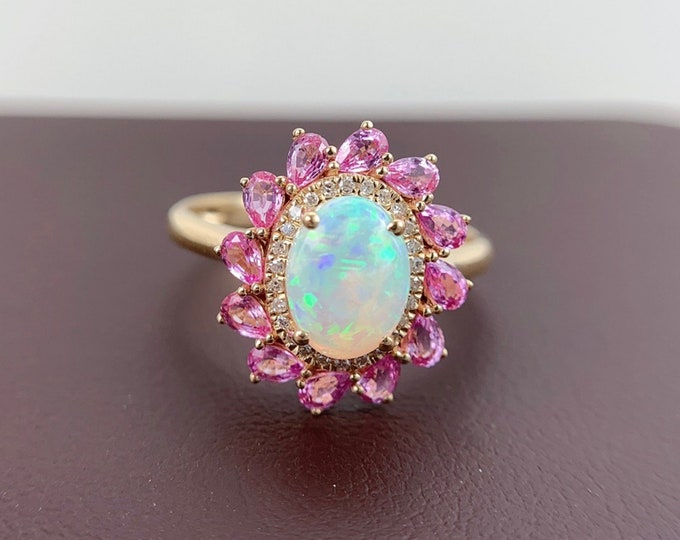 Cluster Natural Australian Opal Engagement Ring in solid 18k/14k Rose Gold with diamonds and Pink Sapphires/Unique Custom Opal Wedding ring
