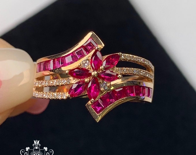 Flower Natural Mozambique pigeon blood red ruby ring/18k rose gold with diamond/Cluster ruby/antique ruby ring/14k ruby trendy ring for her