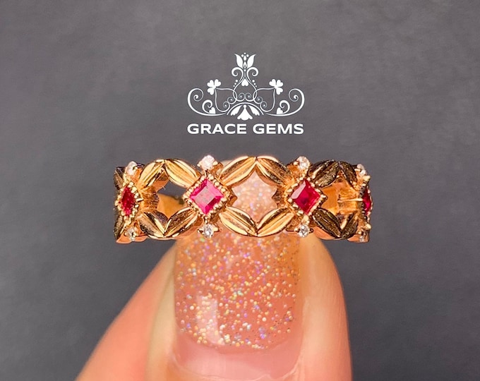 Celtic Ruby Engagement band in 18k/14k rose gold&diamonds/Anniversary Star Ruby Ring/Full Eternity Wedding Raw ruby/New Mom rMulti-stone