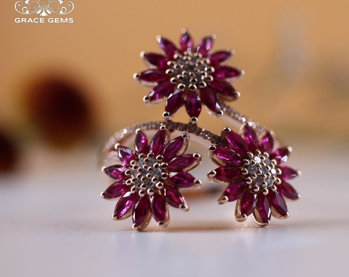 Three flower unique vintage Mozambique raw ruby ring/18k rose gold with diamonds/antique ruby ring/14k ruby ring/art deco ring ruby/Trendy