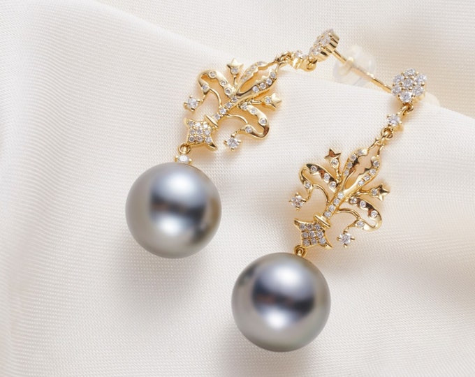 11mm 18k gold Real Black Sea Pearl Earrings/Engagement wedding pearl studs with diamond/Certified Pear handmade earrings anniversary gift
