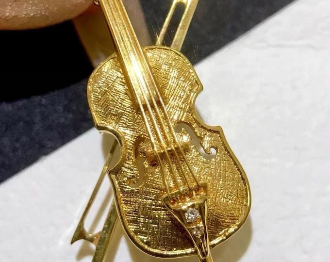 Handmade 18k Gold Violin Brooch/Unique solid gold jewelry for women birthday anniversary gift/Real jewelry for mother's day/5.7g 35mm