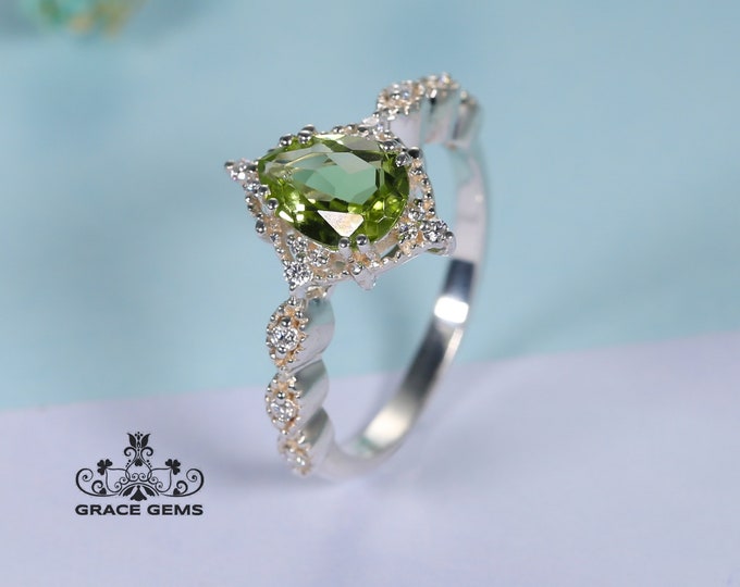 High end genuine olivine over time engagement ring in 18k white gold and diamonds/Custom halo olivine wedding ring/Promise gift for her