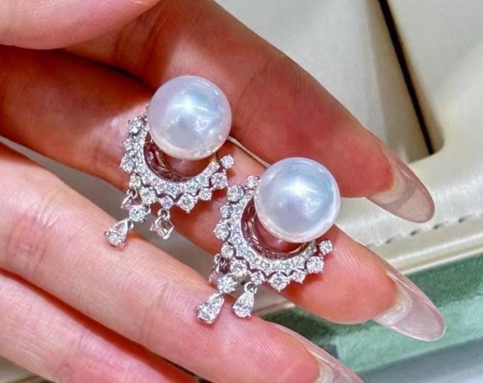 11.2mm natural Japanese Akoya Sea Pearl saltwater pearl Earrings in 18k white gold/Pearl earrings with diamond/handmade earrings anniversary