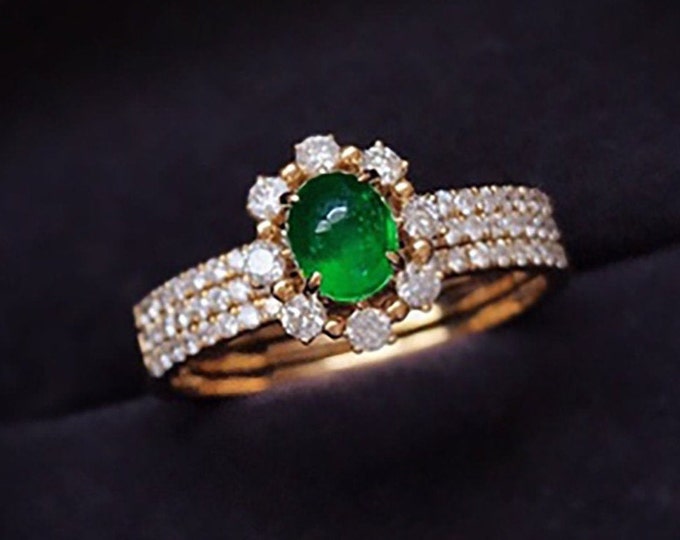 Halo Untreated Natural Emerald Engagement Wedding Bridal Set in 18k14k gold with diamonds/Vintage Celtic promise gift for her/Eternity Band