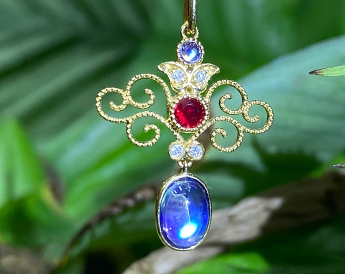 Unique Natural moonstone Pendant in 18k solid Gold with natural ruby accent/Anniversary Birthday Choker/Gift for her/Viking Egyptian Jewelry