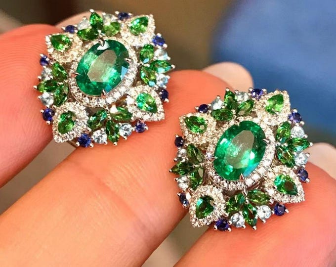 18k white Gold natural emerald studs/Multi-stone emerald studs with diamonds/Victorian Flower earrings/Unique Birthday or Anniversary gift