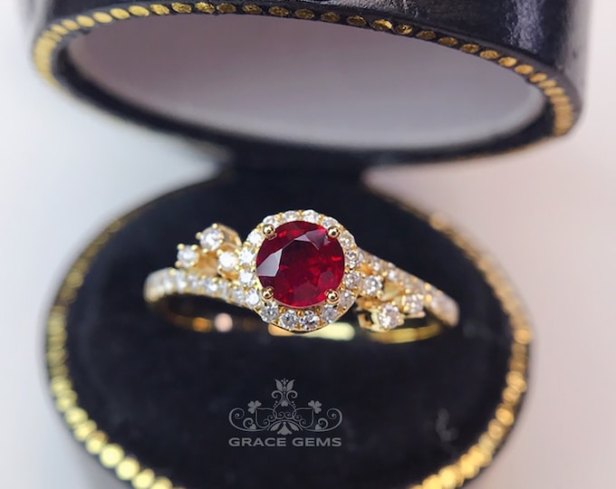 Classic style Mozambique natural raw ruby ring/18k rose gold with diamonds/antique ruby ring/14k ruby ring/art deco ring ruby/trendy ring