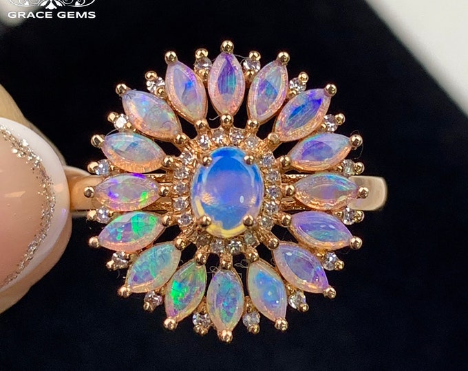 18k Solid Rose Gold Genuine Marquise Australian Opal Ring/Boulder Opal Engagement Wedding Band with diamonds/Unique handmade opal jewelry
