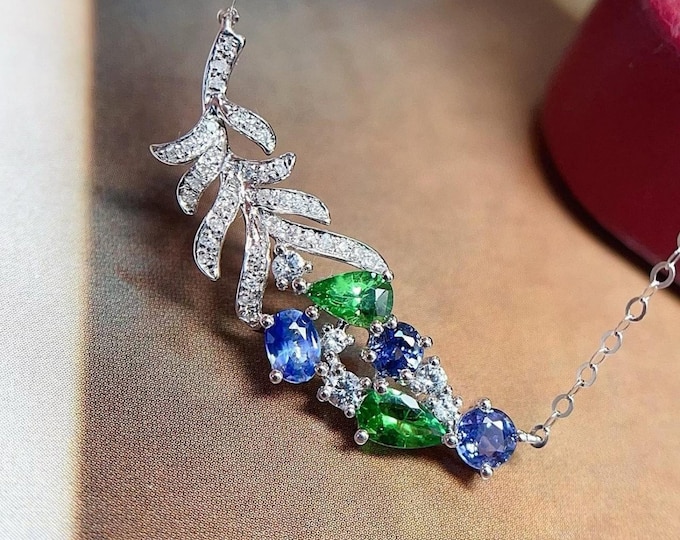 Natural Cornflower Sapphire & Tsavorite Feather Pendant, 18K White Gold Necklace with Earth-Mined Diamonds, Unique Fine Gemstone Jewelry