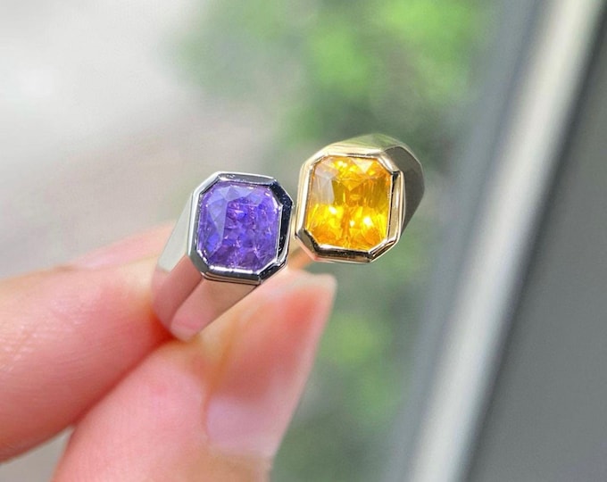 Natural Purple Padparadscha sapphire ring/Purple yellow sapphire ring/double stone bezel sapphire ring in 18k white gold/fine jewelry