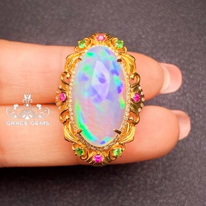 Special offer- ready to ship-Luxurious Huge Natural Certified Ethiopian Top Class Opal Ring in 18kGold with Rubies&Travorite/Vicing Egyptian