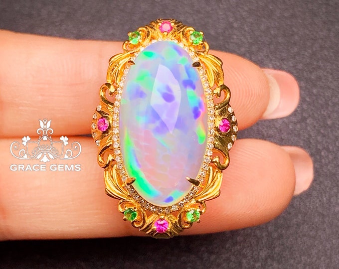 Luxurious Huge Gem Natural Certified Opal Ring in 18k/14k Gold with Rubies&Travorite/Mexican Fire Opal/Ethiopian Dragon Breath Opal ring