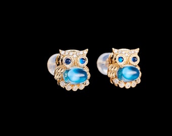 18k Gold Swiss Blue Topaz Owl Earrings with Sapphires