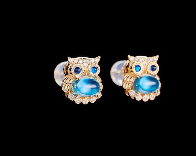 18k gold quality Swiss Blue Topaz Owl earrings with sapphires/Natural Topaz studs/Unique gift for her mother/daughter/birthday/Anniversary
