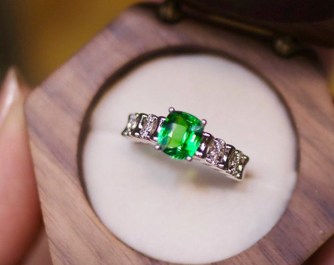 Natural Vivid Green Cushion cut Tsavorite Garnet Diamond Ring: Art Deco Tsavorite Wedding Engagement ring for women