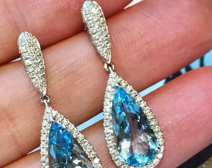 Unique high end natural Santa Maria aquamarine earrings in 18k white gold/Diamond paved luxury Santa Maria earrings/custom handmade jewelry