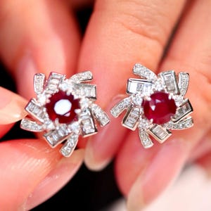 18k white gold ruby studs/real ruby earrings/handmade fine ruby earrings/unique ruby jewelry gift/ruby anniversary gift/art deco ruby studs