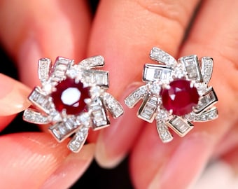 18k white gold ruby studs/real ruby earrings/handmade fine ruby earrings/unique ruby jewelry gift/ruby anniversary gift/art deco ruby studs