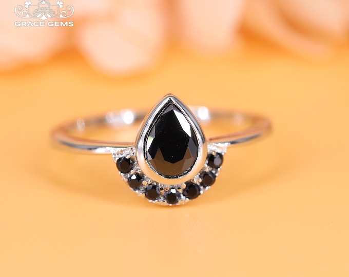 14k 18k Solid White Gold 6x8mm Pear Black Agate ring/Engagement Wedding Ring/ Unique Anniversary Gift/Handmade Dark Gems/Best Friend gift