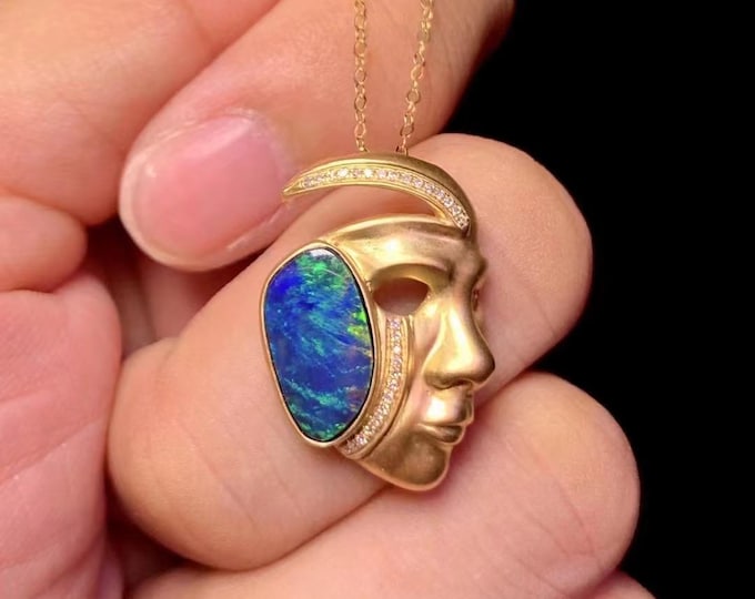 Genuine Australian Black Opal Pendant in 18k gold/Unique Opal Necklace/Anniversary Birthday Choker/mask blue Australian opal fine jewelry