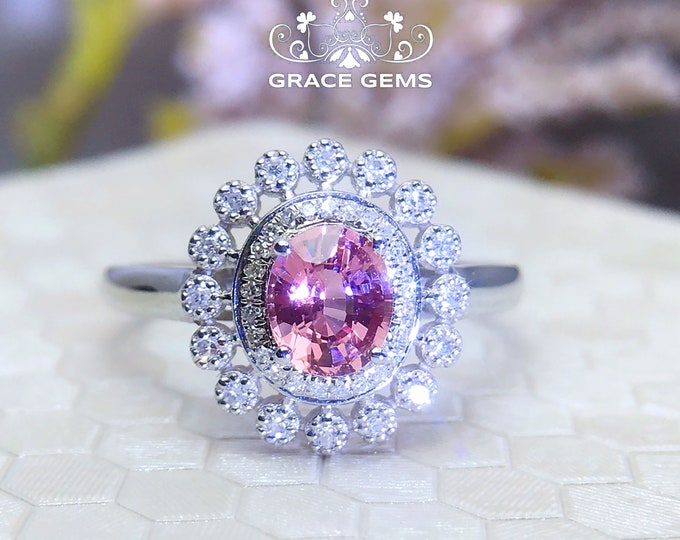 18k pink sapphire ring/Natural Padparadcha sapphire engagement wedding ring/white sapphire halo bezel/ Handmade unique pink stone/signet
