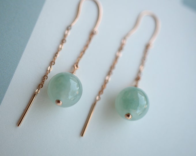 18k Rose Gold Myanmar Natural greenish Icy Grade A Jadeite beaded Earrings/Unique Victorian Gothic Jade studs/One of a kind gift for her