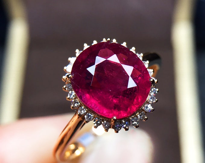 18k gold oval red tourmaline diamond engagement wedding ring/Tourmaline gemstone made/one of a kind/gift for her/Art Deco/Oct. birthstone