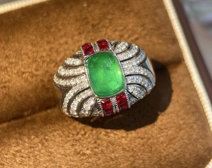Unique 18k Solid Gold Emerald Ring with Rubies /Natural Emerald Statement Engagement Wedding Ring/fancy promise ring/Handmade women Jewelry