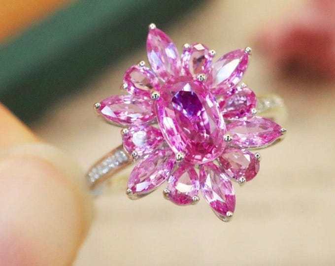 Unique floral natural pink sapphire engagement ring in 18k white gold and diamonds/Handmade fine Padparadscha ring anniversary proposal ring