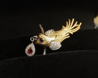 Handmade 18k Gold Bird Brooch-Ruby & Diamond Animal Pendant Necklace/investment ruby,pigeon blood ruby,certified ruby,rare ruby, luxury ruby