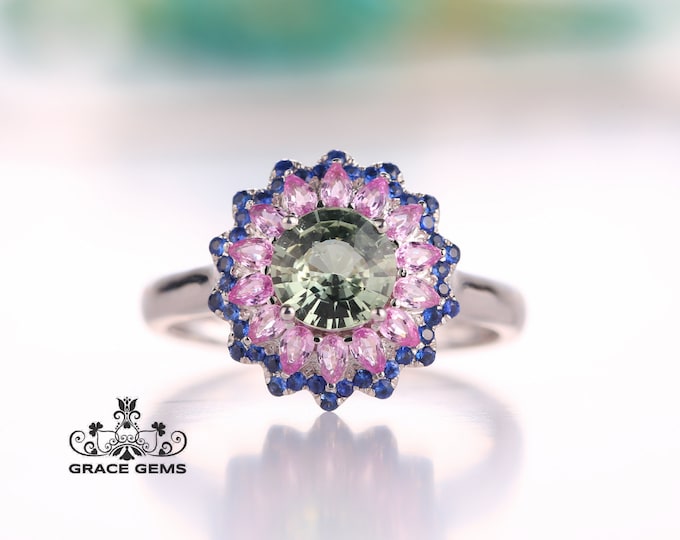 Solitaire 18k/14k white gold natural oval green sapphire engagement ring with diamonds/Royal Blue Sapphire/Vintage Antique/Art Deco/Celtic