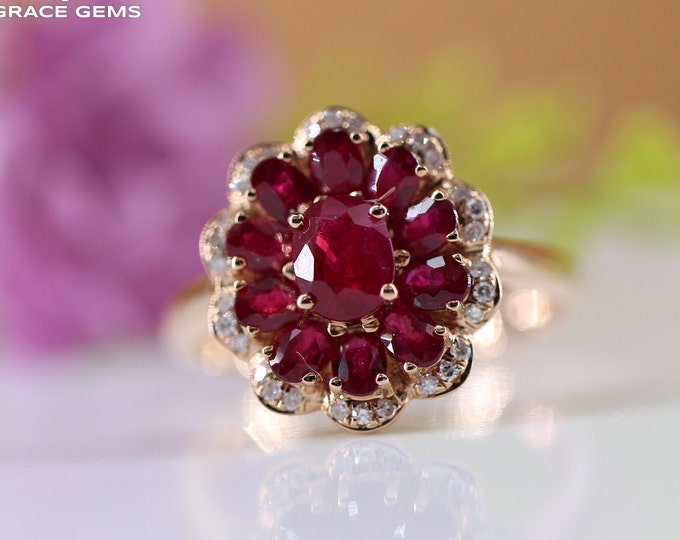 18K Rose Gold Natural Ruby Engagement Ring with Accent Diamonds/Vintage Antique ruby ring/Ruby Promise Gift For women/handmade jewelry ring