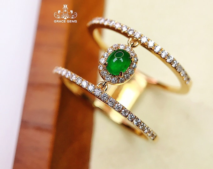 18k Gold Genuine Round cut Emerald Engagement Wedding Ring with diamonds/Vintage Unique Celtic custom gift/Delicate double band ring/Unique