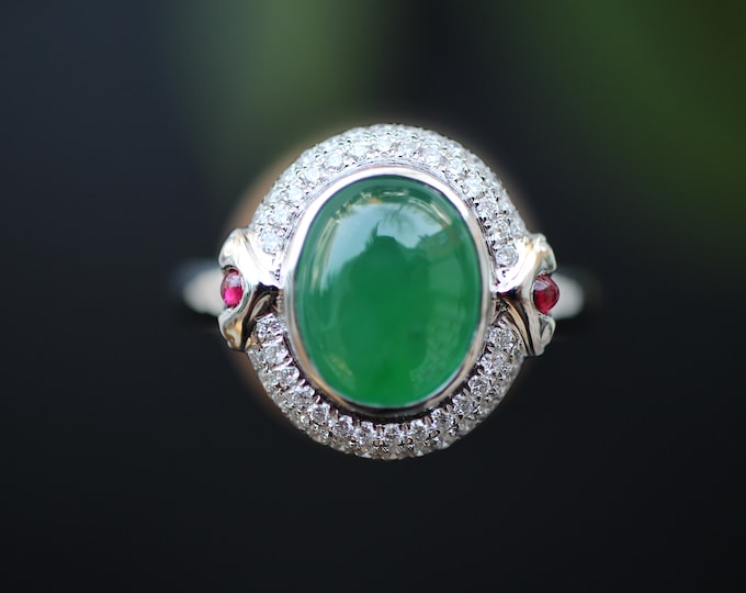 Real 18k S9olid White Gold Natural Myanmar Green Jadeite Jade ring with diamonds and Rubies/Untreated Gold Jade Ring/Engagement Wedding Ring