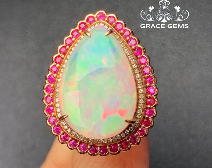 Huge Pear Top Class Genuine  Opal Engagement Ring in 18k/14k Gold with rubies Accent/Natural Boulder Opal ring/Raw Opal/Opal Wedding ring