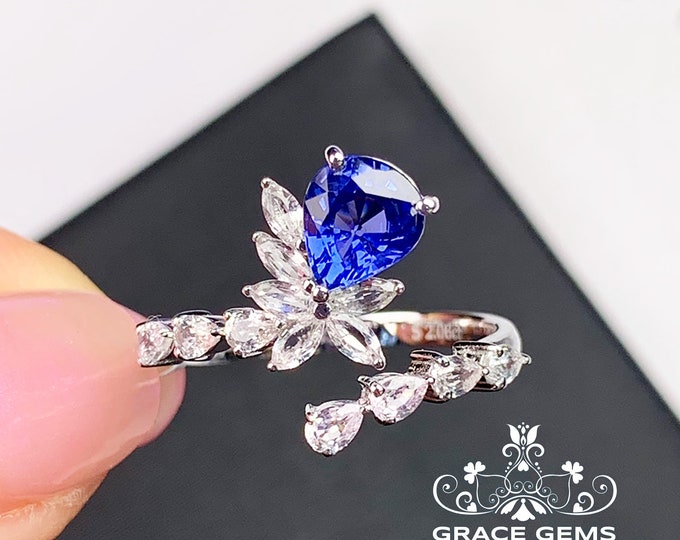 Unique 18k/14k white gold multi-stone sapphire engagement ring with big white sapphires/Blue gemstone/Vintage Antique/Art Deco/Boho Celtic