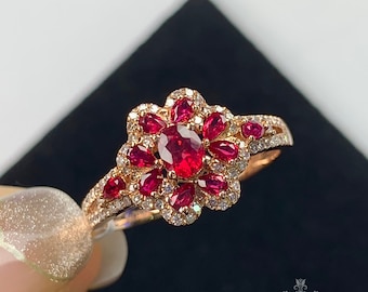 18K Rose Gold Natural Ruby Engagement Ring with Accent Diamonds/Vintage Antique ruby ring/Ruby Promise Gift For women/handmade jewelry ring