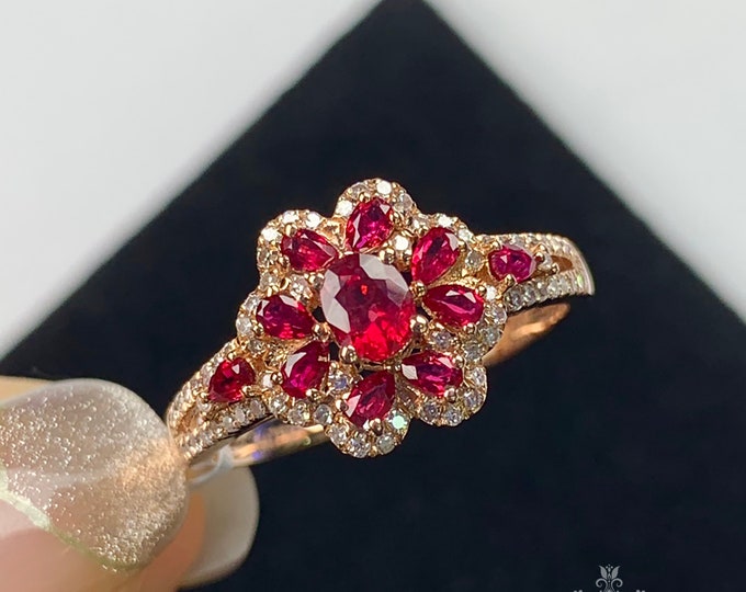18K Rose Gold Natural Ruby Engagement Ring with Accent Diamonds/Vintage Antique ruby ring/Ruby Promise Gift For women/handmade jewelry ring