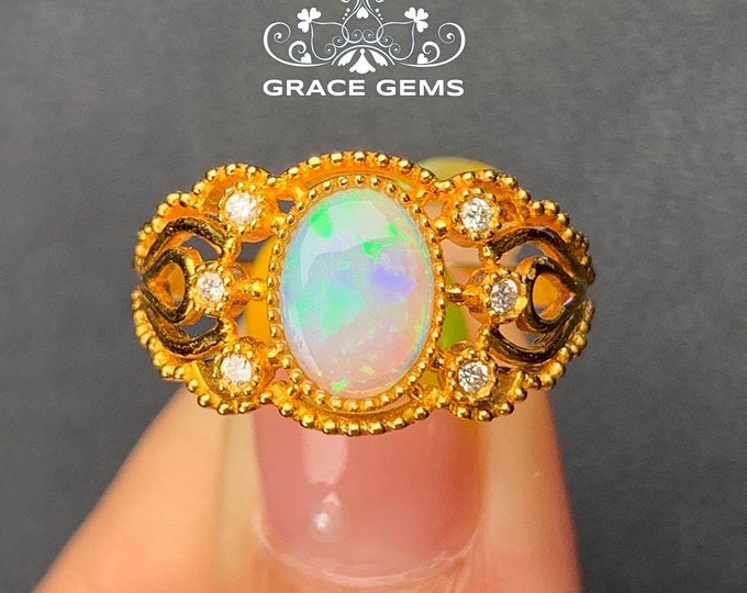 18k Solid Gold Genuine Australian Opal Ring with Diamonds/Celtic Unique Opal jewelry/Special Anniversary gift for her Birthday/Valentines